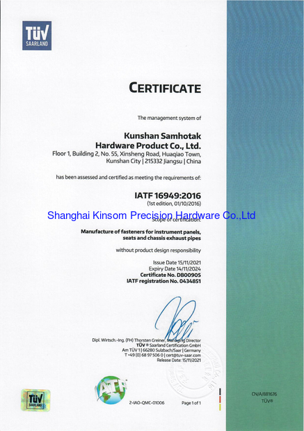 China Shanghai Kinsom Precision Hardware Co.,ltd certification